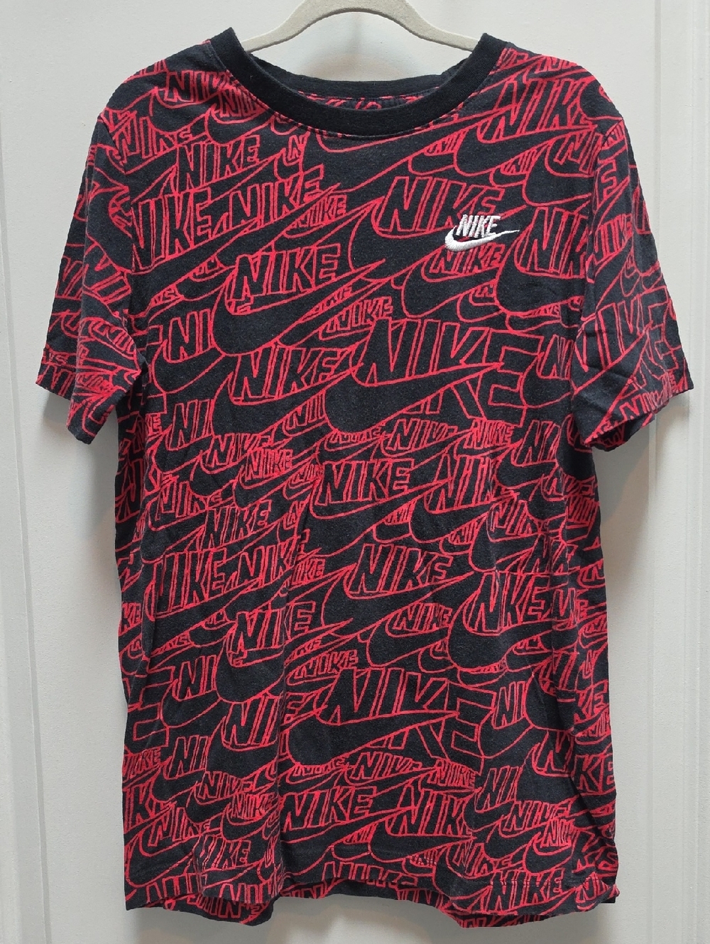 Nike Black Tee with Red Allover Logo Print